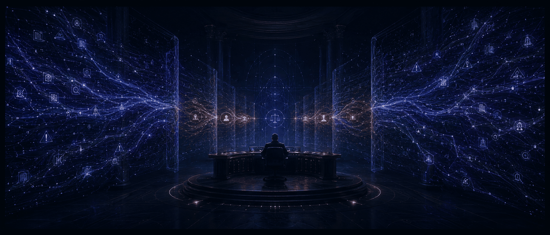 Illustration Prompt: A semi-abstract vision of a future tribunal/control room: massive blue-purple data streams, error signals, and principle proposals swirl on the periphery, but only a few filtered, amber high-value cases are delivered to the Owner's bench/console in the center. The image emphasizes attention protection, information filtering, and the Supreme Court metaphor. No concrete human faces, no text, dark blue-black background, premium and restrained, 21:9.