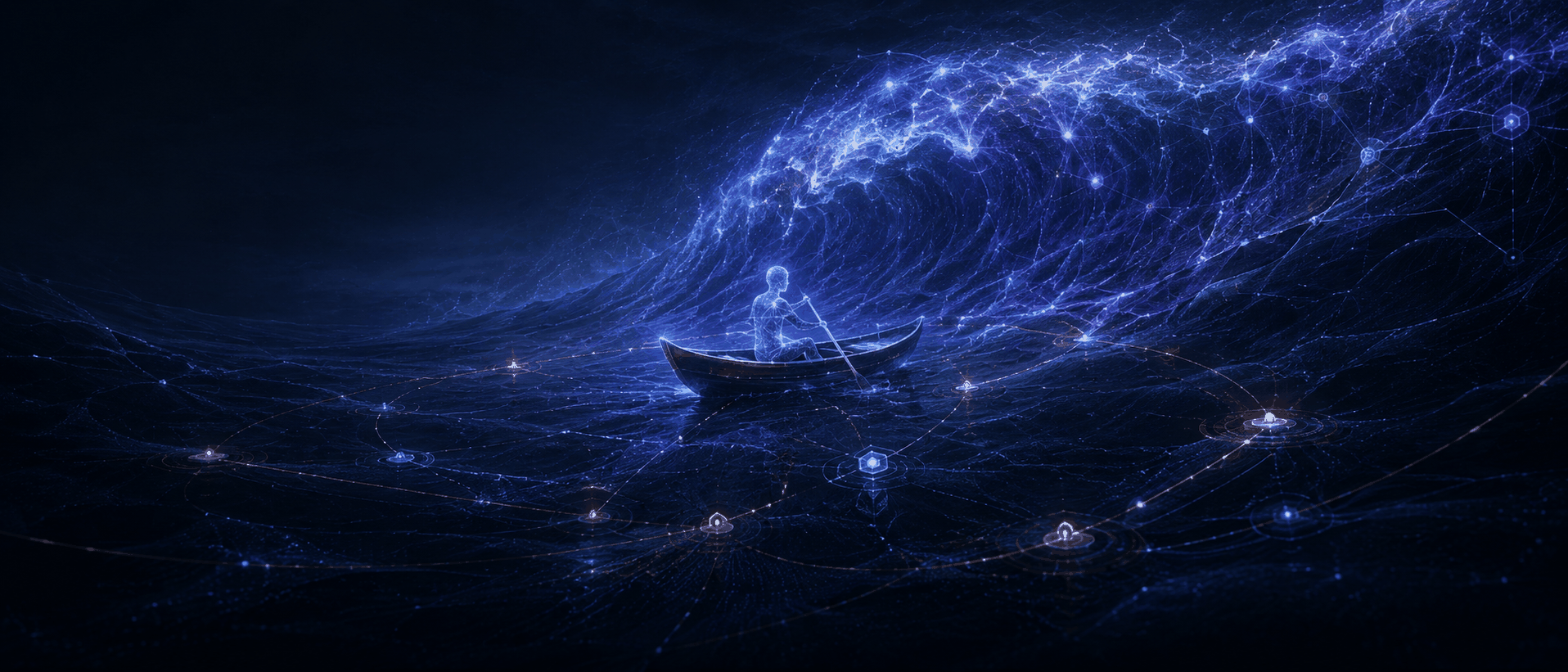 Illustration Prompt: A massive, tide-like wave of blue-purple AI information surges from the distance. In the center is a small boat, containing not a specific person, but an abstract silhouette of an Owner holding a glowing oar. Surrounding the boat are Agent engines, principle nodes, and feedback lines acting as supports, like an exoskeleton or navigation system. Overall emotion: small but resolute, compassionate but not pessimistic. Dark blue-black background, amber human value anchors, 21:9 banner.