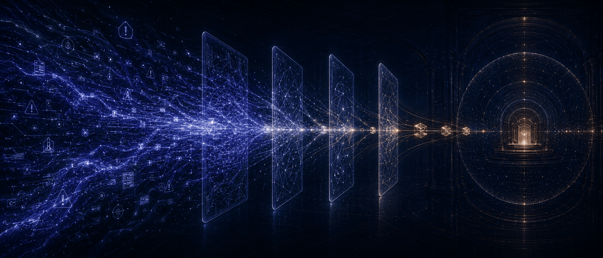Illustration Prompt: A bottleneck protection system diagram. On the left is a massive, chaotic flow of blue-purple event streams, Pain signals, and tool logs; in the middle are four filtering layers symbolizing Filter, Cluster, Package, Schedule; on the right is the protected Owner decision core, receiving only a few amber, high-quality case packages. Overall theme: "Bottleneck Protection and High-Quality Input." Dark blue-black background, semi-abstract futuristic engineering fable style, 21:9.