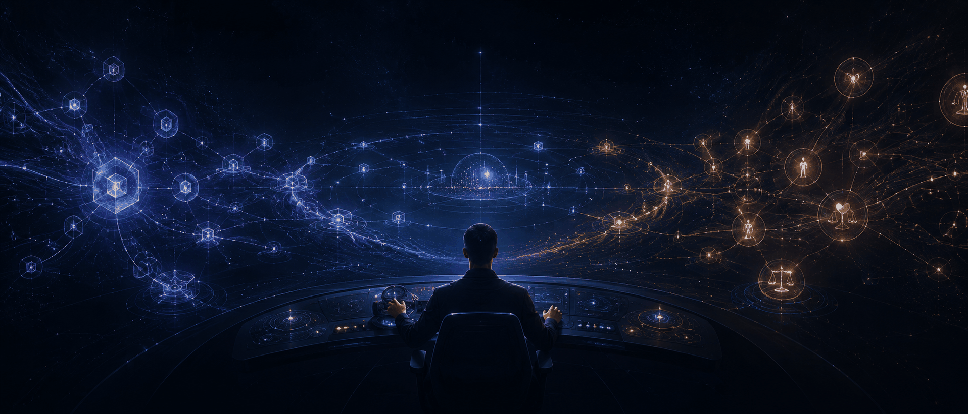 Cover Illustration Prompt: Dark blue-black background. An abstract human Owner sits at a steering wheel/console resembling a spaceship. Ahead is not a normal road, but a star map composed of Agent toolchains, feedback loops, rule nodes, and long-term goals. To the right is a powerful blue-purple Agent engine; to the left, amber human value anchors. Overall style: restrained, semi-abstract, futuristic engineering fable, premium texture. No cheap cyberpunk, no concrete robot faces, no readable text, 21:9 banner.