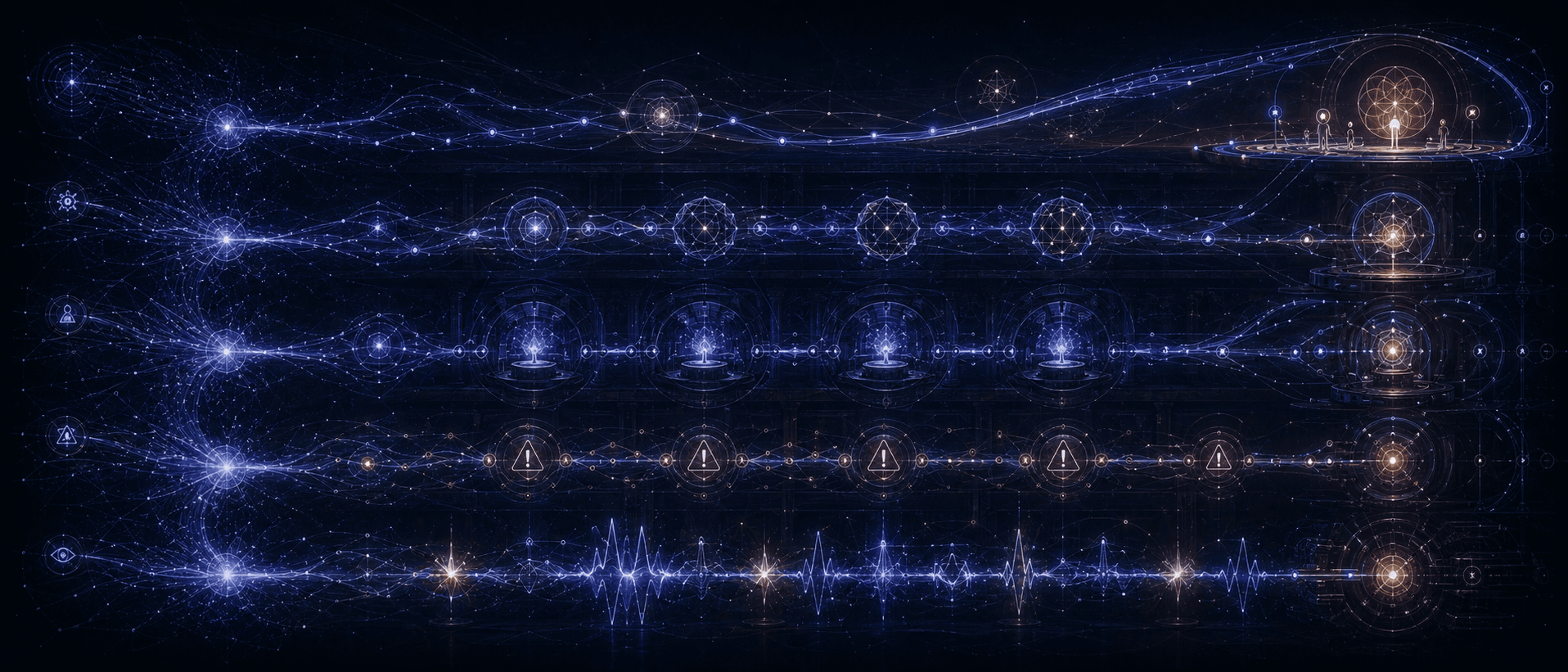 Illustration Prompt: A multi-timescale feedback system diagram. The image features five horizontal time tracks: seconds, minutes, hours, days/weeks, and long-term evolution. Each track has different forms of feedback nodes: second-level looks like lightning intercepts, minute-level like deviation alarms, hour-level like post-mortem pods, day/week-level like principle evaluations, and long-term looks like the trajectory of Owner-Agent co-growth. Dark blue-black background, cyan-purple feedback lines, amber key nodes, semi-abstract futuristic engineering fable style, 21:9.