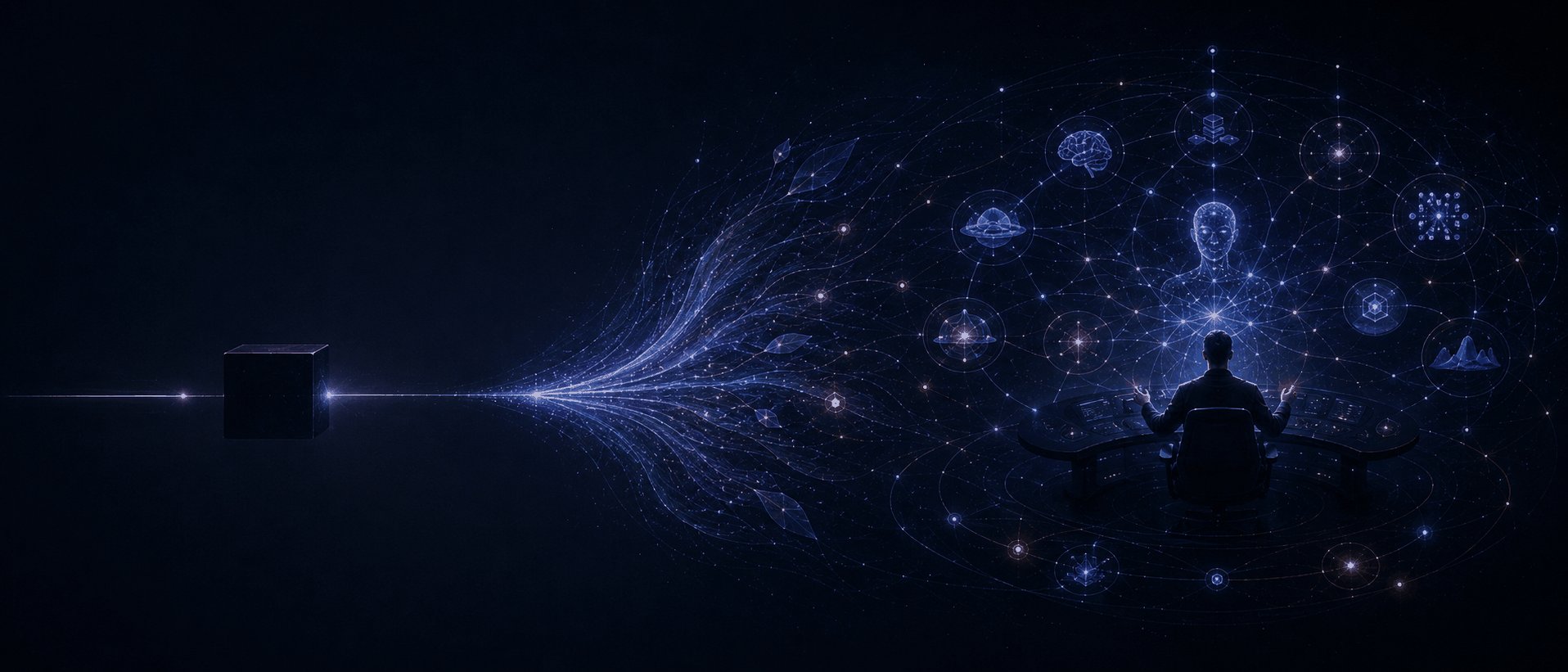 Illustration Prompt: On the left, a simple black-box function structure—an input beam enters the model and outputs text; on the right, it gradually unfolds into a complex ecosystem: Agent, tools, memory, RuleHost, Skill, Pain Signal, Owner feedback, and the environment forming multi-layered feedback loops. The scene morphs from a "function" on the left to an "ecosystem" on the right. Dark blue-black background, cyan-purple system lines, sparse amber feedback nodes, semi-abstract information design style, 21:9.