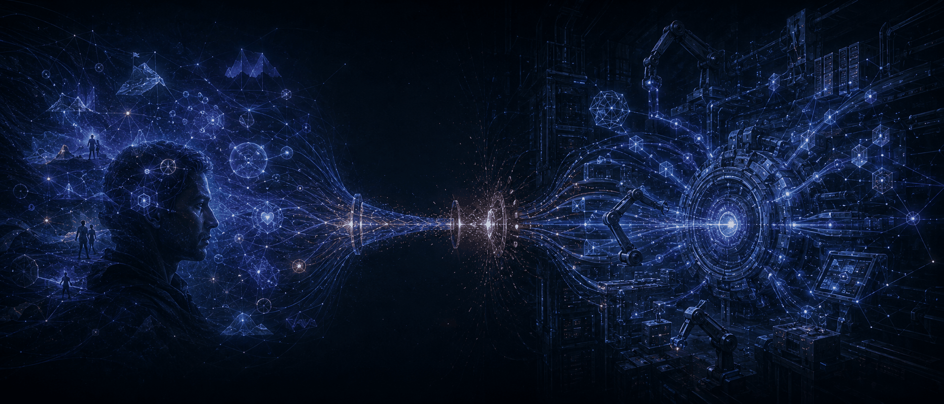 Illustration Prompt: On the left, the human Owner's mental/cognitive space, containing vague fragments of experience, pain, goals, boundaries, and intuition; on the right, the massive Agent execution engine and tool network. Between them is only a narrow, glowing channel, filled with information compression, distortion, blockage, and amber bottleneck nodes. The theme is "Intention Bandwidth Bottleneck." Dark blue-black background, semi-abstract futuristic engineering fable style, 21:9.