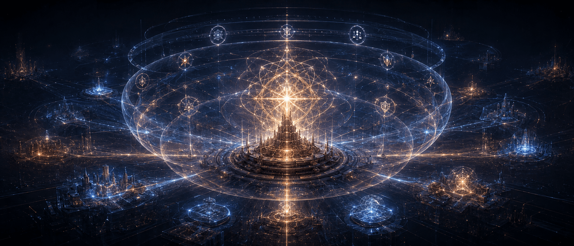 Illustration Prompt: A futuristic fable of creating gods and binding gods. In the center of the image is a huge abstract intelligent coordination node, like a hybrid of a star body, temple, and computing core, surrounded by countless Agents, robots, cities, and data flows. But this center is surrounded by multiple layers of transparent constraint rings: identity, permission, audit, feedback, constitution, legitimacy, shutdown, checks and balances, expressed through abstract symbols without text. Overall both grand and restrained, neither deifying nor terrifying, dark blue-black background, amber human constraint rings, 21:9.