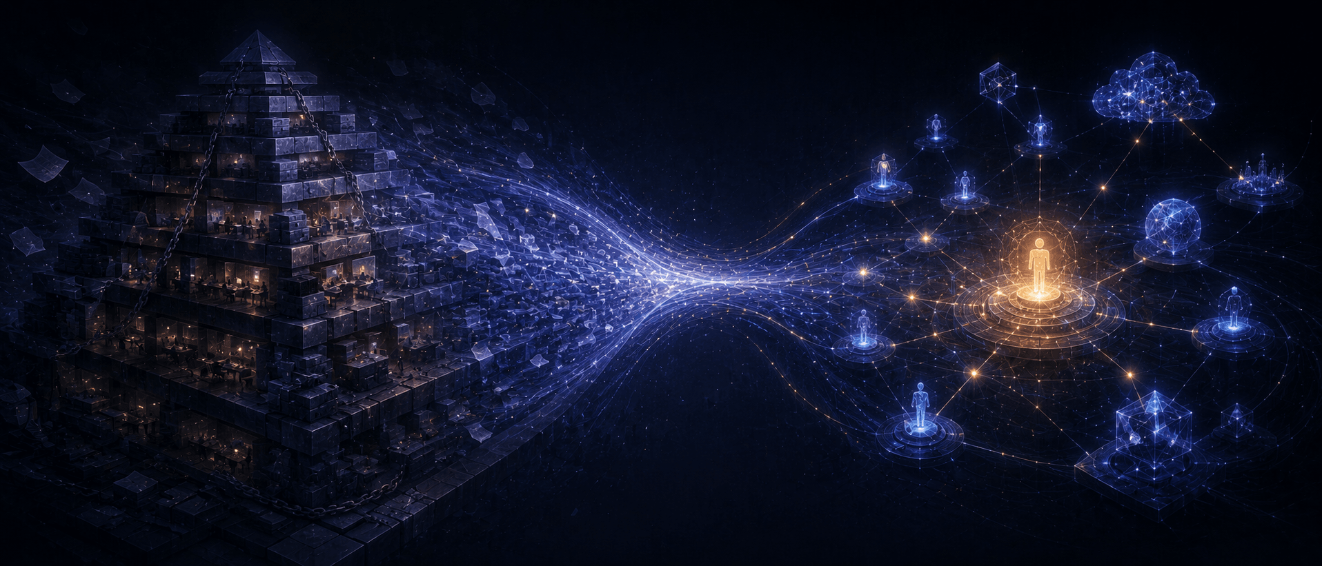 Illustration Prompt: A boundary rewriting diagram from traditional companies to Agent-native organizations. On the left is a heavy pyramid company structure filled with hierarchy and departments; in the middle is a transition zone where transaction costs are compressed by intelligent light flows; on the right is a lightweight Owner core connecting Agents, APIs, communities, models, compute, and external markets. Dark blue-black background, cyan-purple intelligent networks, amber responsibility and trust core. No text, semi-abstract futuristic engineering fable, 21:9.
