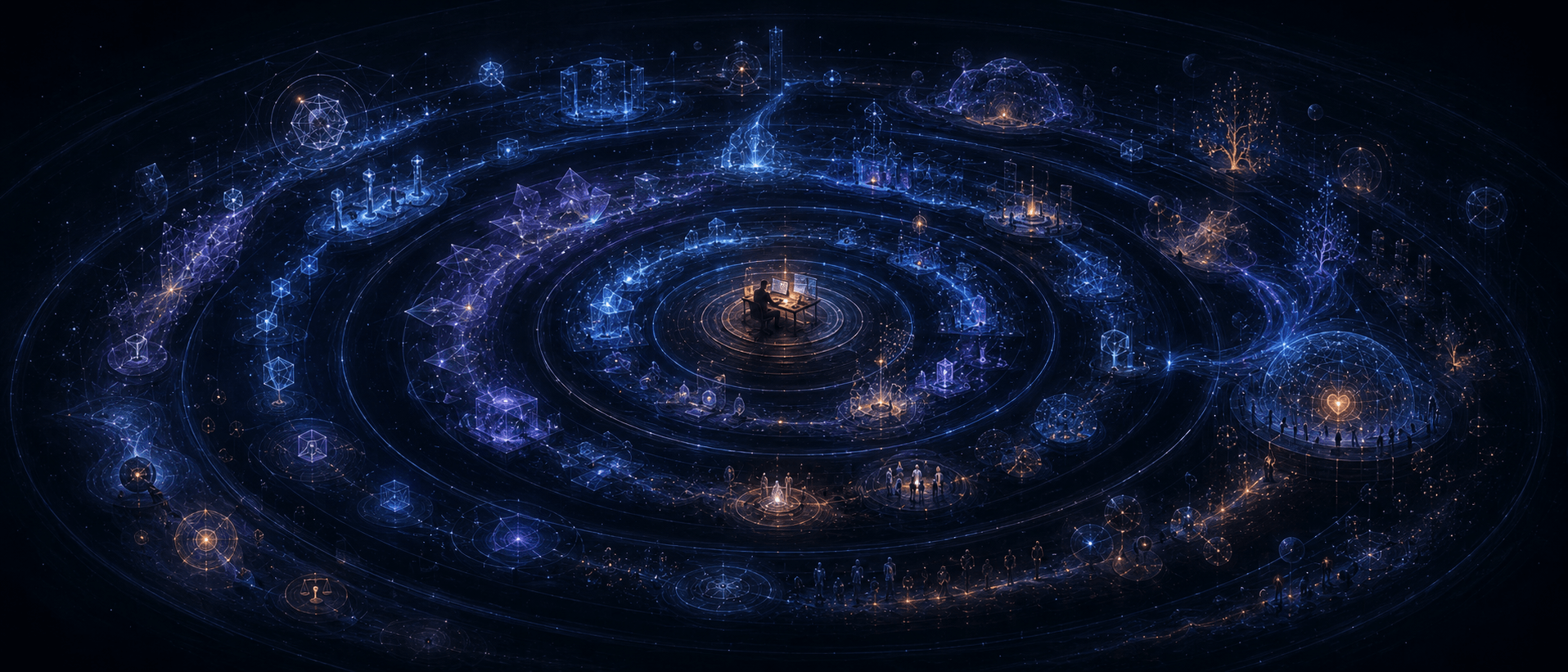 Illustration Prompt: Concentric circles showing the intelligent system boundary continuously expanding outward. The center is a small Owner-Agent workbench, expanding outward into multiple boundary layers: text, code, tool calls, organizational collaboration, social governance, meaning systems. Each boundary layer is like a glowing orbit or tidal ring, grander as it goes outward. Dark blue-black background, cyan-purple intelligent boundary lines, amber human value core. Style: restrained, abstract, futuristic engineering fable, 21:9.