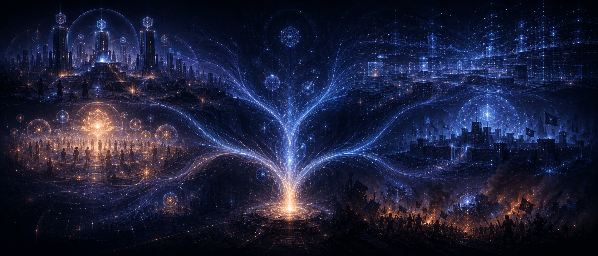 Illustration Prompt: A future bifurcation path diagram. In the center of the image is a glowing trunk formed by the intelligent boundary expanding outward, splitting into five different paths: techno-feudalism, dataism, automated sharing, AI nationalism, anti-technology waves. No text, expressed through different abstract structures: platform towers, data torrents, public halos, national-level fortresses, reverse crowd firelight. Dark blue-black background, cyan-purple main color, a few amber human nodes, 21:9.