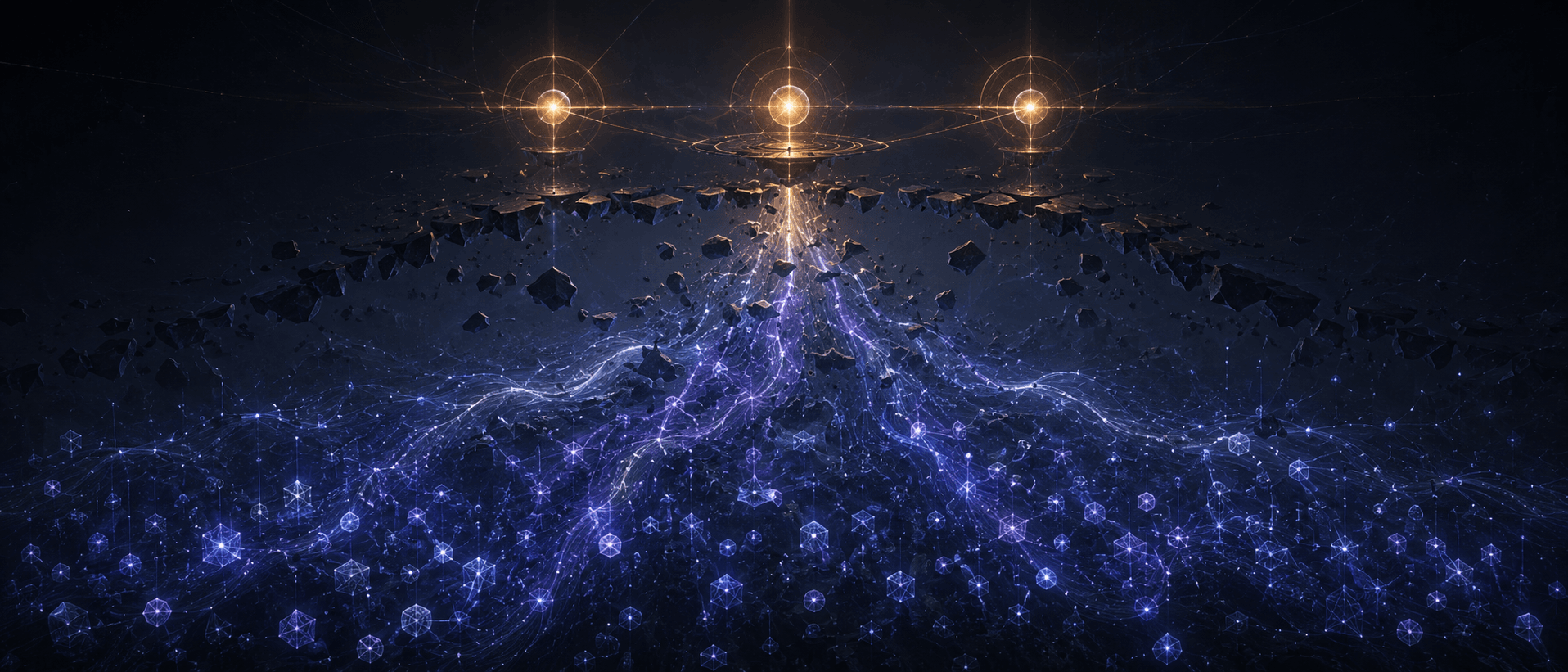 Illustration Prompt: A semi-abstract futuristic fable of the inverted-T organization. At the top of the image are a few amber Owner decision nodes, at the bottom is a massive execution plane composed of countless blue-purple Agent nodes, and the filter layer that should exist in the middle appears broken or hollow, with massive signal tsunamis surging toward the top. The image emphasizes cognitive overload and attention protection absence. Dark blue-black background, restrained, premium, no text, 21:9.