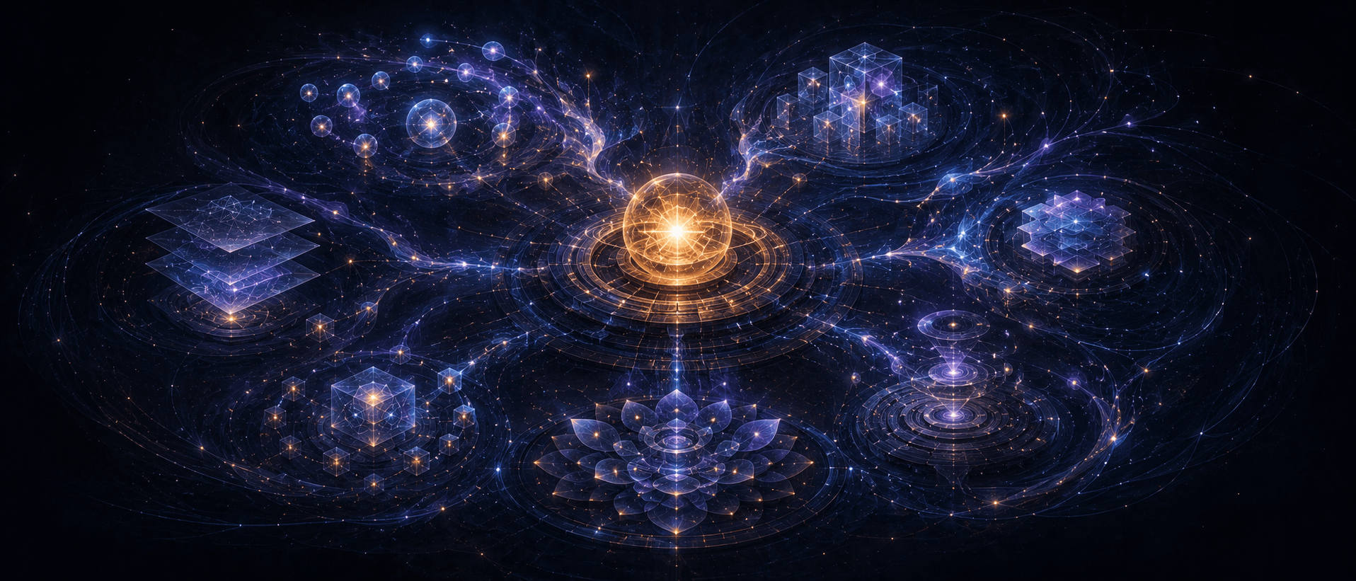 Illustration Prompt: A structural diagram of the carbon-silicon symbiont MVO. In the center of the image is an amber Owner core, surrounded by abstract modules like Agent Pool, Memory, Principle Ledger, RuleHost, Attention Layer, External Interfaces, with no readable text, represented by glowing structures of different forms. Overall like a light but complete micro-galaxy or cell structure, dark blue-black background, cyan-purple system lines, amber human value anchors, 21:9.