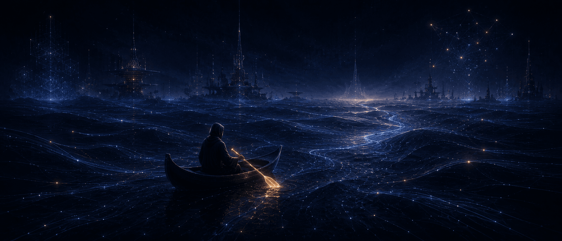 Illustration Prompt: An emotional convergence diagram of PD's small boat strategy. In a dark blue-black intelligent giant wave, there is a light small boat carrying an abstract Owner silhouette holding a glowing amber oar. In the distance are giant towers, platforms, national-level intelligent cores, and countless Agent star points, but the small boat does not confront them, just maintains direction among the waves. Image emotion: small but sober, warm but restrained, hopeful but not hyped. No text, 21:9.