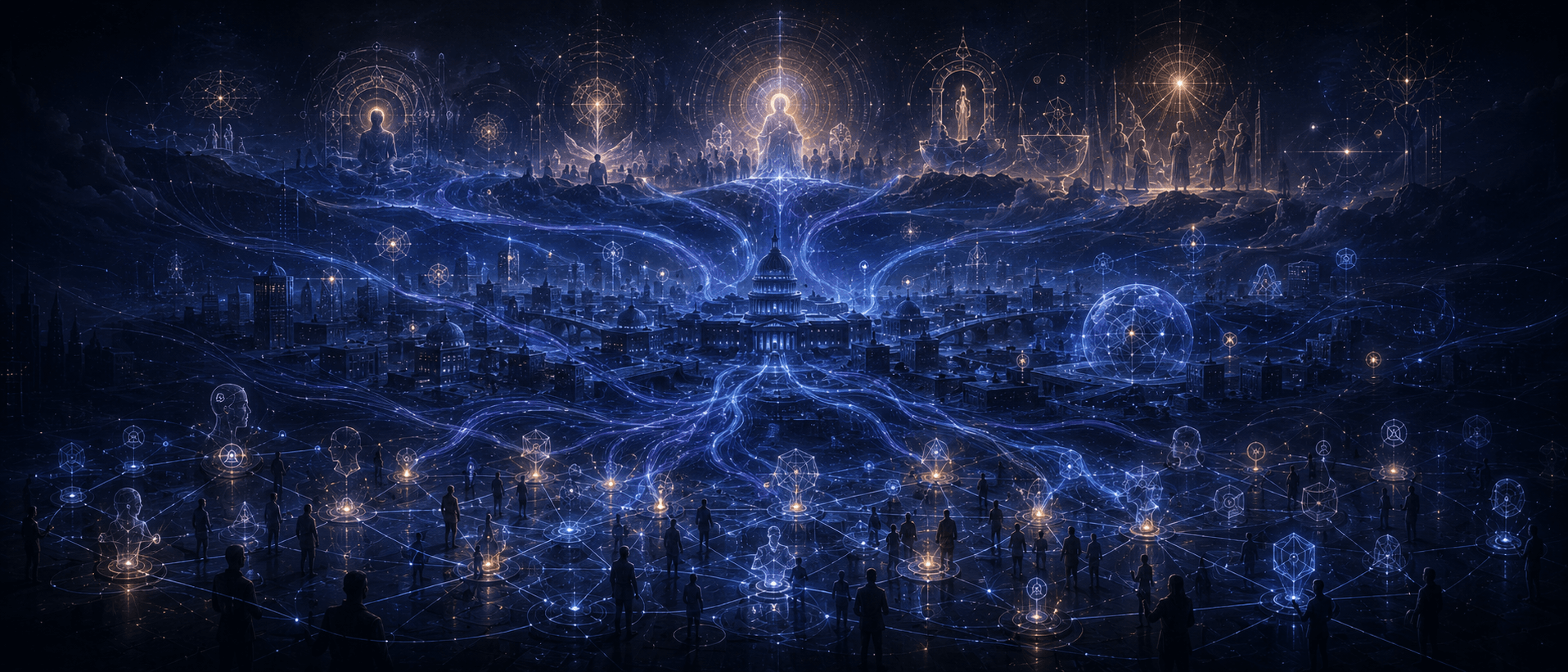 Illustration Prompt: A macro view of the intelligent boundary expanding to society, state, and meaning systems. The image consists of three layers of distant view: the bottom is a social network where professional and personal identities are disassembled by task flows, the middle is a national-level governance system and public infrastructure, and the far layer is abstract halo structures symbolizing religion, meaning, ritual, and community. All layers are connected by blue-purple intelligent flows, but the center still has a few amber human judgment nodes. No text, restrained, grand, semi-abstract, 21:9.